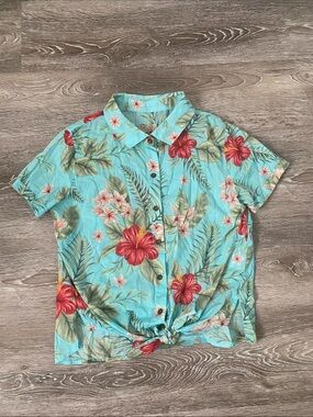 Harlow Turquoise Floral Button-Down Shirt with Red Hibiscus